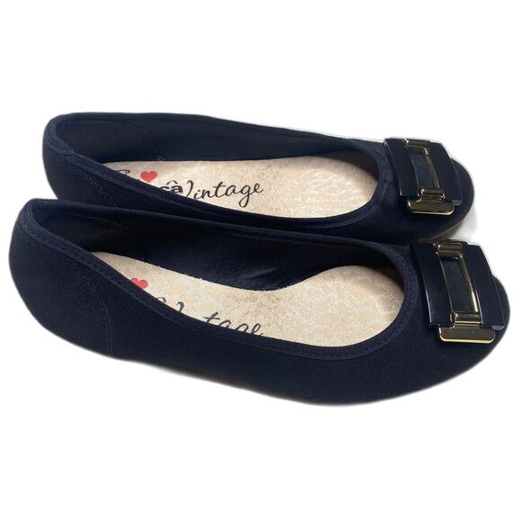 Eu Moleca Vintage Ballet Flats Accent Velvety Finish Brazil Size 5 Black Gold - Picture 1 of 7